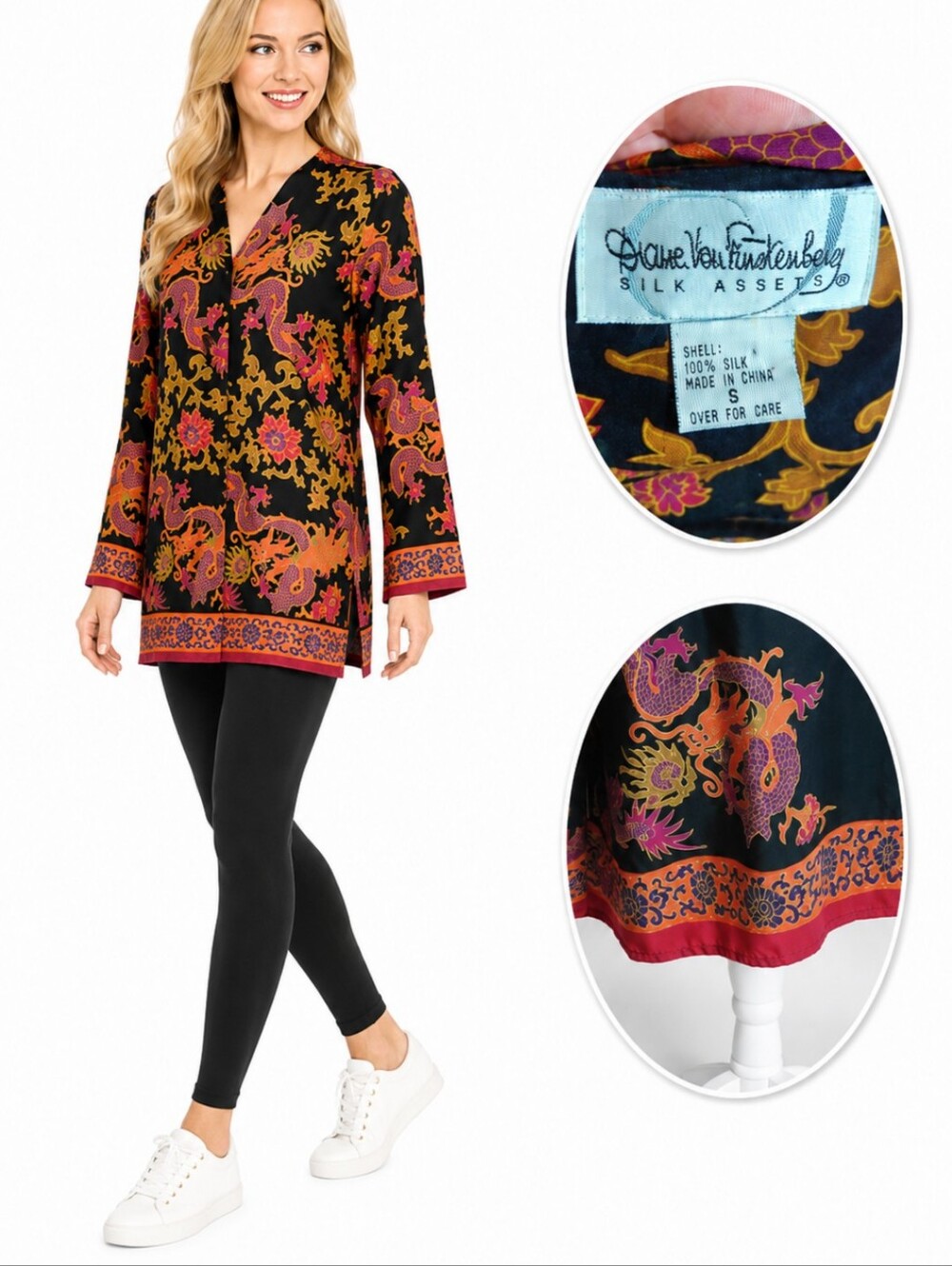 Diane Von Furstenberg Silk Tunic Top Black and Red Dragon Print Tunic Sz S